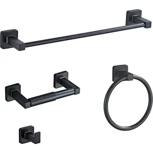 Matte Black Bathroom Hardware Set 4 count,Towel Bar Set Stainless Steel Wall Mounted, Includes 16In Hand Towel Bar, Towel Ring, Robe Towel Hooks,Toilet Paper Holder, Bathroom Towel Rack Set
