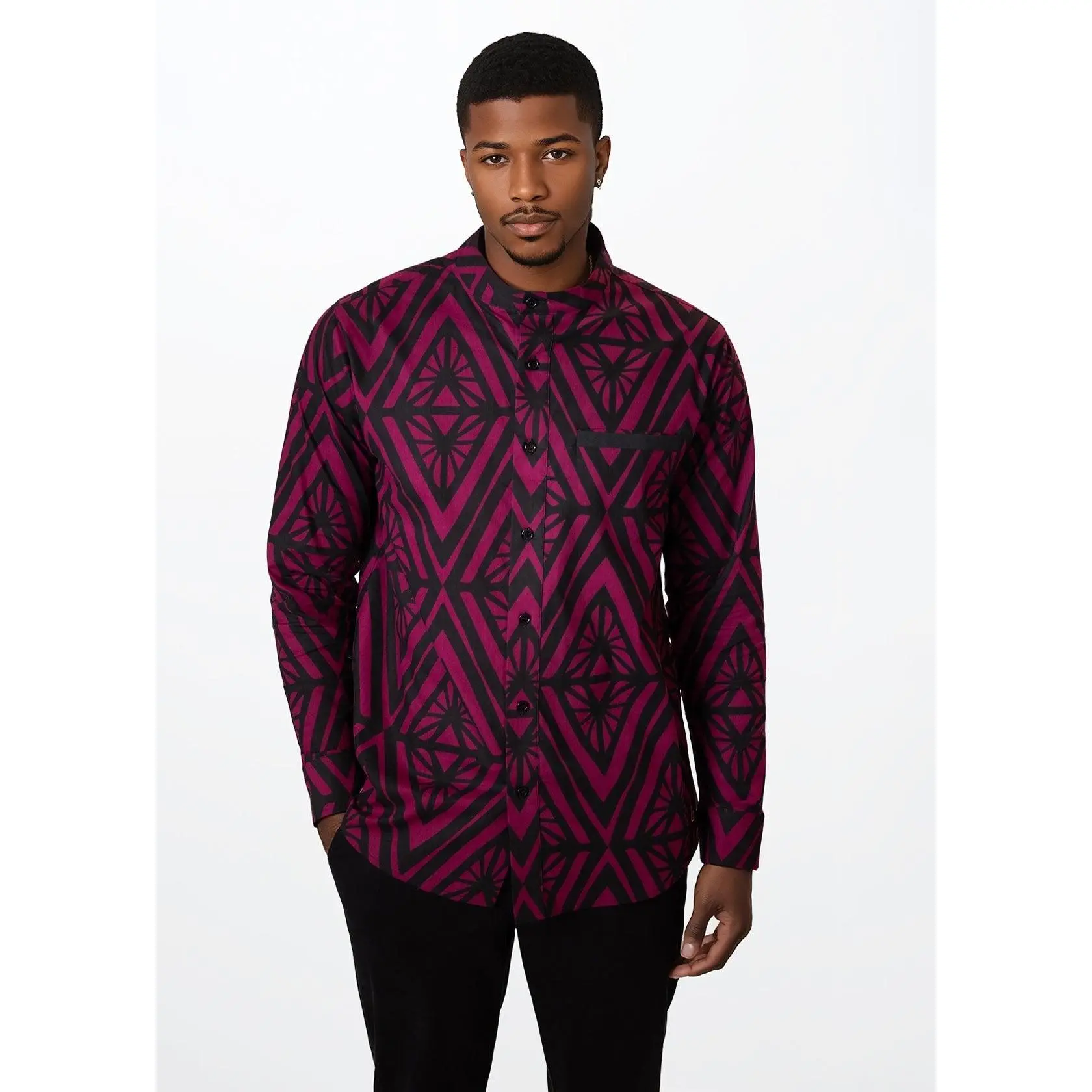 Jamal Mens African Print Mandarin Shirt (Plum Diamonds)