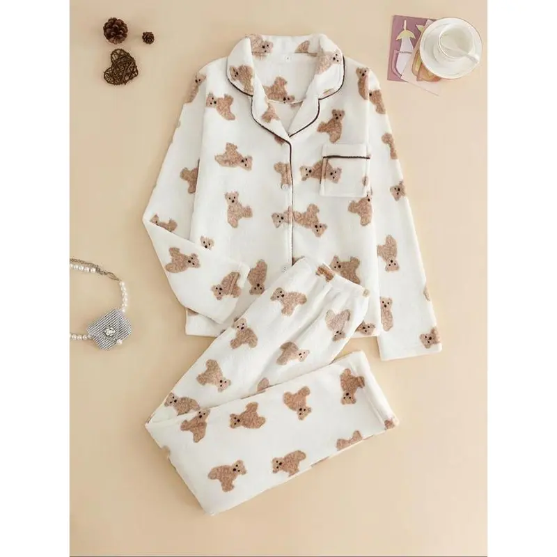 Two-Piece Set Women'S All over Cartoon Bear Print Lapel Collar Top & Elastic Waist Pants Pajama Set, Long Sleeve Button up Top & Pants Pj Set, Women'S Sleepwear for Winter