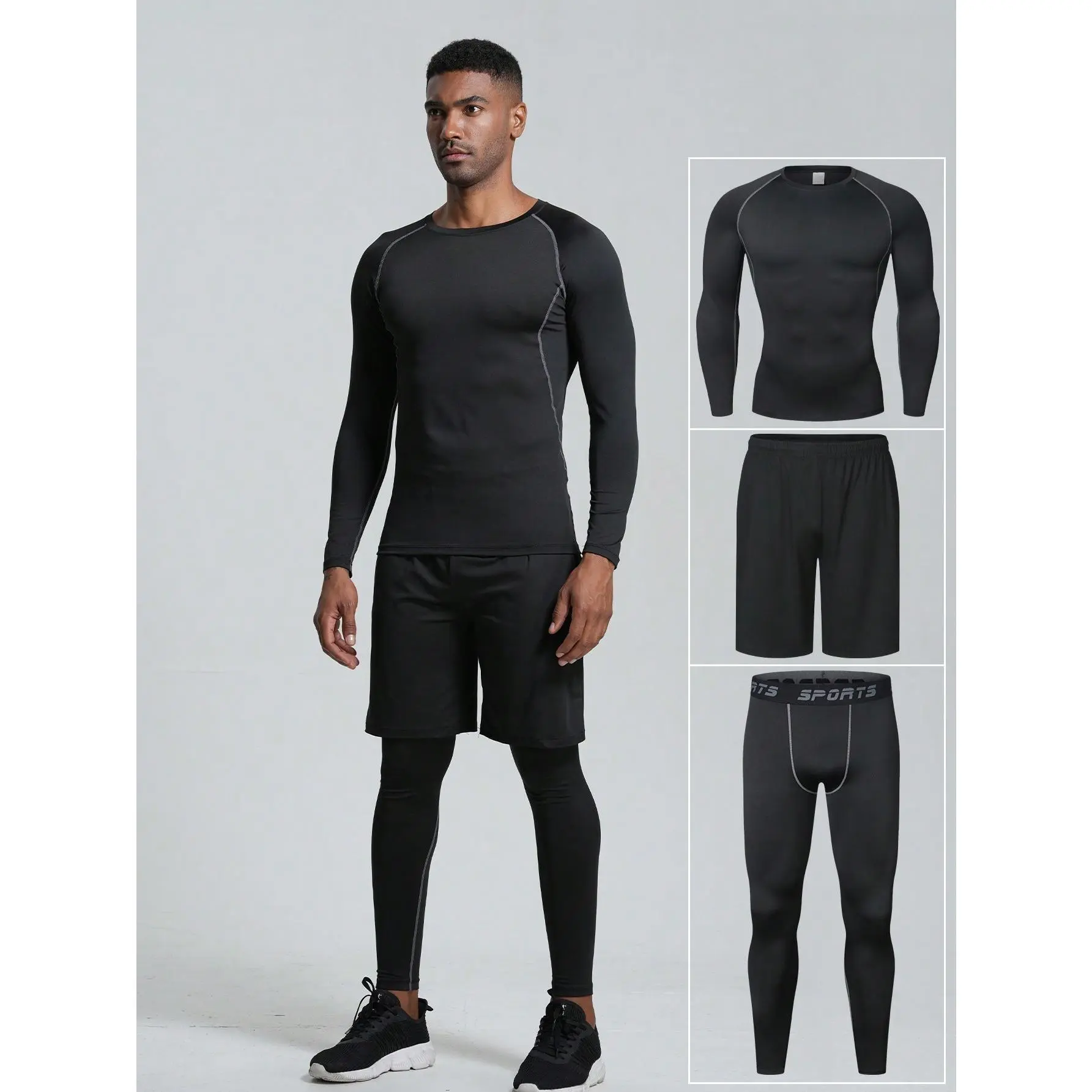 Men's 3-Piece Custom-Fit Long Pull-On Quick-Drying Compression Top & Tights Activewear Set - 4-Way Stretch, Breathable, Lightweight Fabric, S-4XL, Spring & Autumn Sports Apparel for Running, Biking