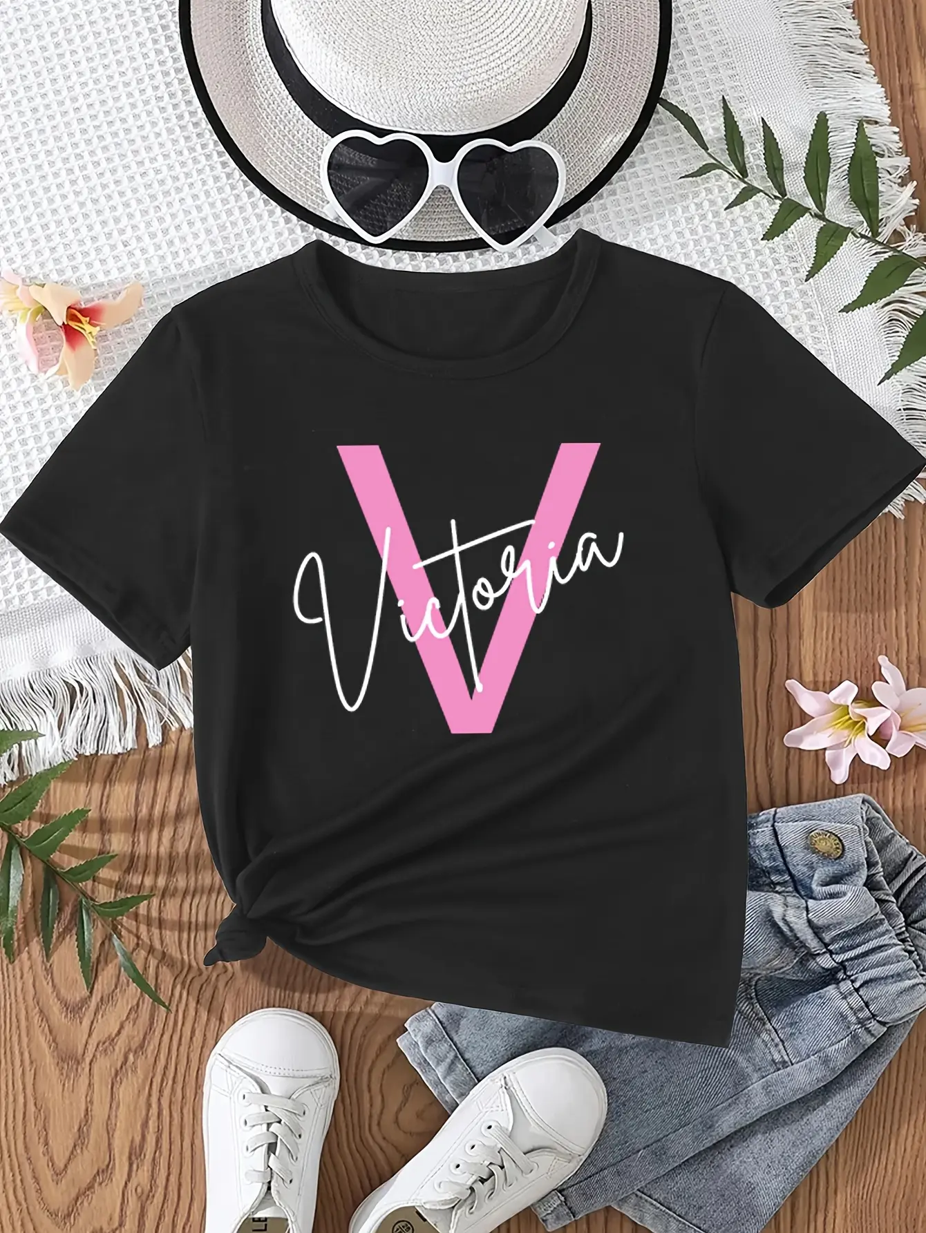 Custom Kids Initial & Name Graphic T-Shirt - Personalized Short Sleeve Crew Neck Toddler Monogram Tee