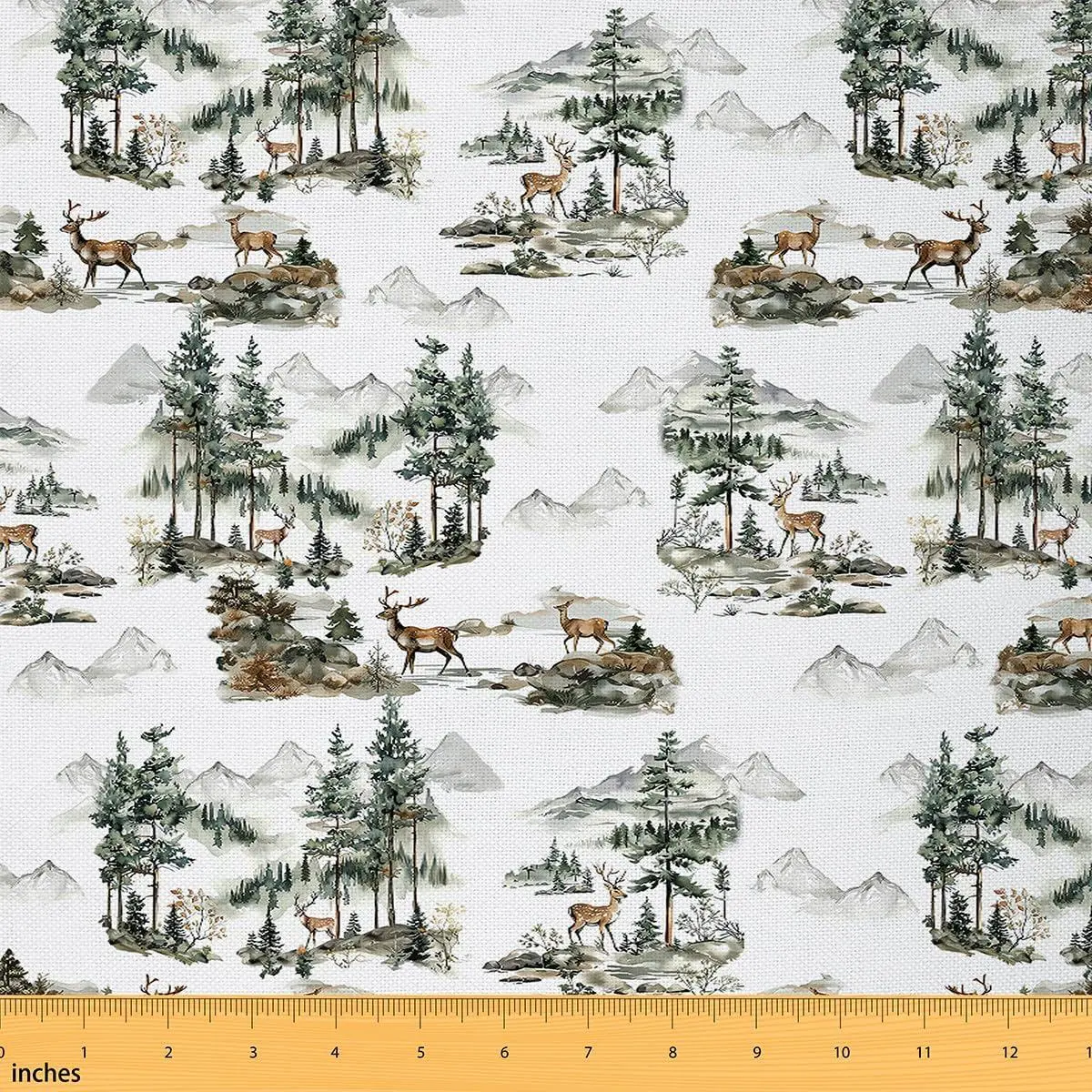 Sika Deer Fabric,Jungle Deer Upholstery Fabric,Watercolor Mountain Pine Decorative Fabric,Nature Theme Indoor Outdoor Fabric