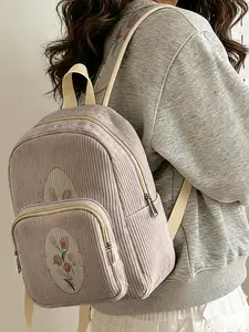1 piece of 2D printed lady's backpack with a pink tulip pattern, featuring velvet texture + layered storage + lightweight and easy to carry|Perfect for students to go to class/shopping/short trips|Combines atmosphere with practicality