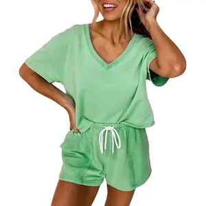Mntaor Women's Casual Solid 2 Piece Sets Mint Green V Neck Drop Shoulder Tee and Patchwork Drawstring Shorts Set, Women's Clothes - Womenswear Style