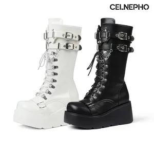CELNEPHO Platform Boots for Women Round Toe Mid Calf Boot Lace Up Design Side Zipper Closure Punk Mortocycle Booties Double Buckle Heart Metal Detailed Chunky Wedge Heel Comfy Gothic Boot Concert Cosplay Night Party Dress Shoes
