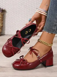 Women's Vintage Wine Mary Jane Shoes, Classy Stylish Y2K Style Thick Heel Square Toe Bow High Heels, Retro Round Toe Strap Mary Janes for Daily Wear, Parties, Commute, Footwear