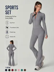 Women's 2 Piece Set Long Sleeve Jacket Flare Pants Solid Color Sports Set Thumb Holes Comfortable Breathable Quick Dry Stretchy High Waist Butt Lifting Gym Pilates Training Yoga Outfit Outdoor Running Daily All Season Casual Versatile Activewear Set