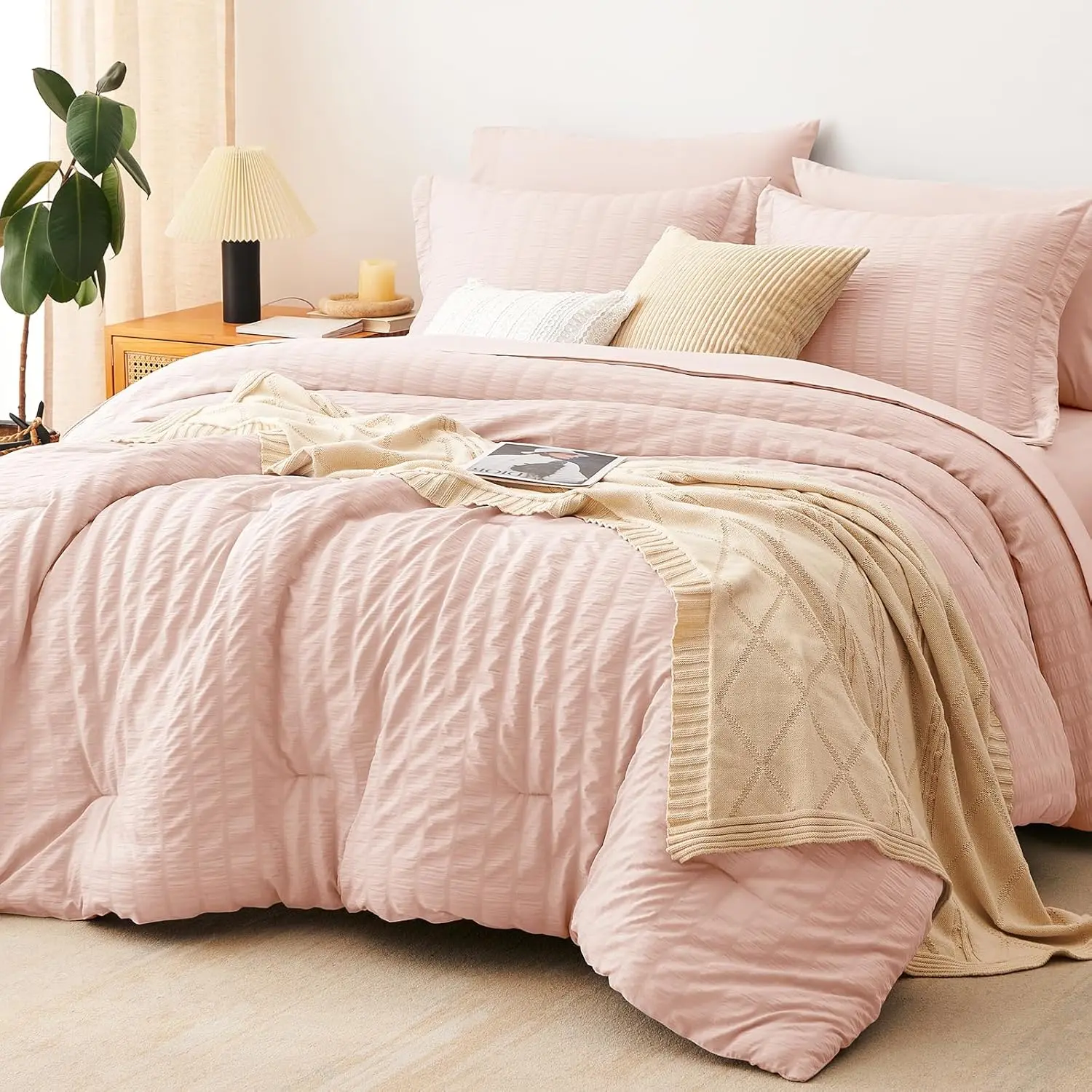 Twin XL Blush Pink Seersucker Striped Bedding Set - 5-Piece Durable Down Alternative Comforter Set with Elastic Deep Pocket Fitted Sheet, Pillowcase Shams, Solid Stitched, Wrinkle Look, All-Seasons College Dorm Bedding, Striped Set