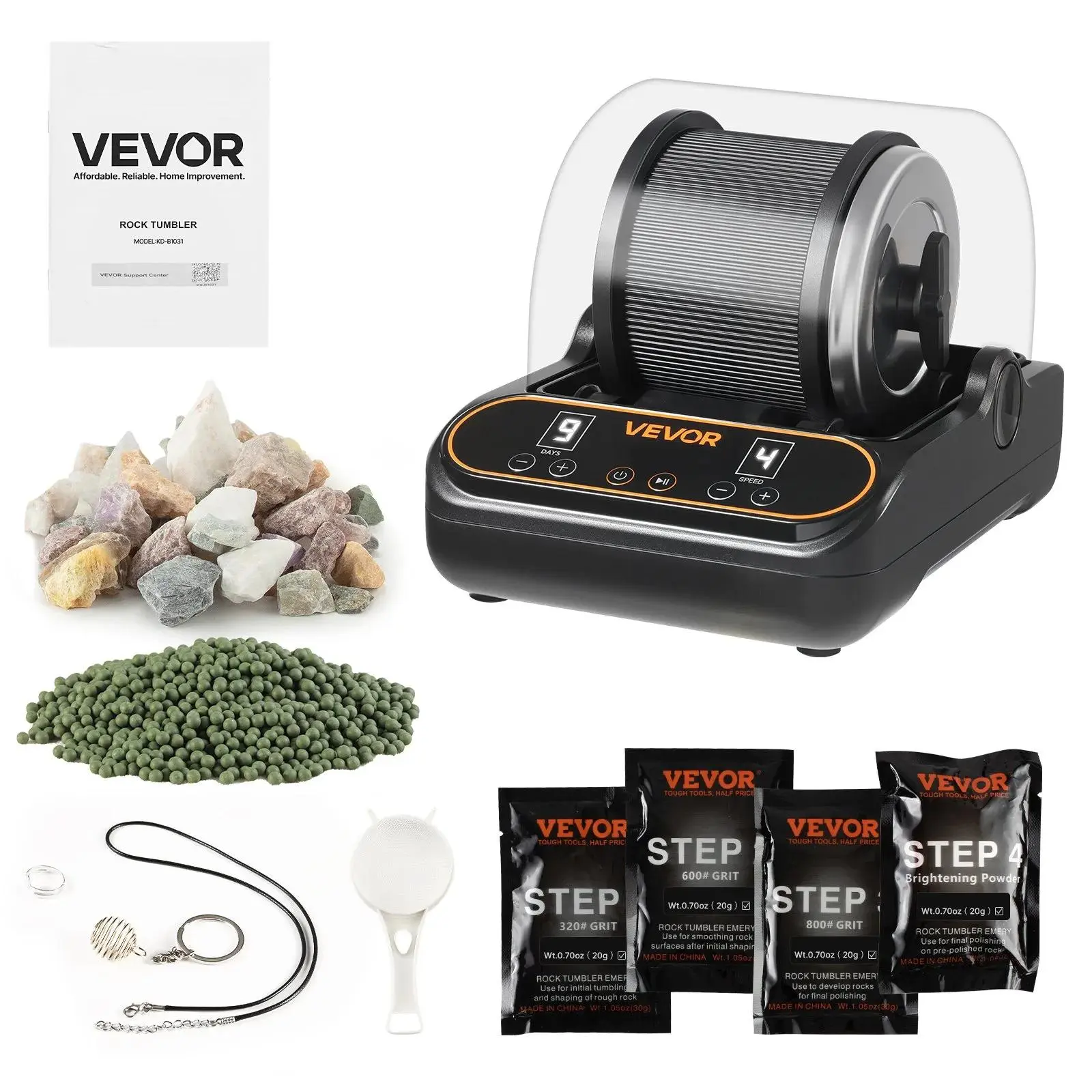 【Summerfinds】VEVOR Rock Tumbler, 1 lb Rock Polishing Machine, Rocks Tumbling Kit with 4-Speed Adjustment, 1–9 Day Timer, PC Sound Reduction Cover & TPU Drum, Direct Drive Motor Rocks Polishing, Quiet Operation