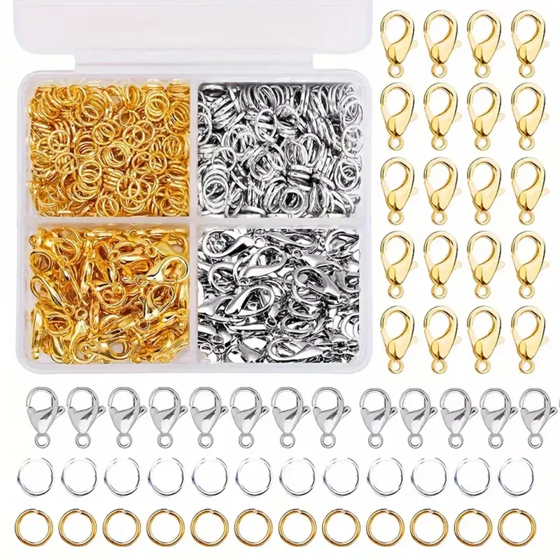 500pcs Jewelry Making Supplies Kit, Copper Metal (Gold & Silver Tone) Findings, Includes 12mm Lobster Clasps & 5mm Jump Rings with Storage Box, for DIY Necklace Bracelet Repair, DIY Jewelry Accessories, Diy Accessories Set