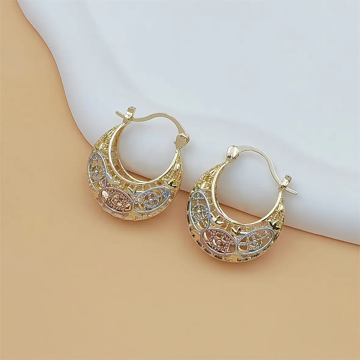14K Gold Plated Tri-Color Evil Eye Hoop Earrings - Filigree Basket Style Protection Amulet Earrings, Hypoallergenic Jewelry for Women