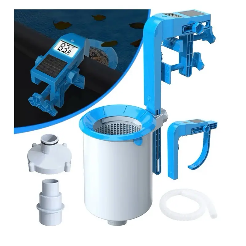 Above Ground Pool Skimmer with Solar Digital Thermometer, Wall Mount Surface Skimmer with Adjustable Height Bracket, Auto Skimming for Pool Surface Floating Leaves & Debris