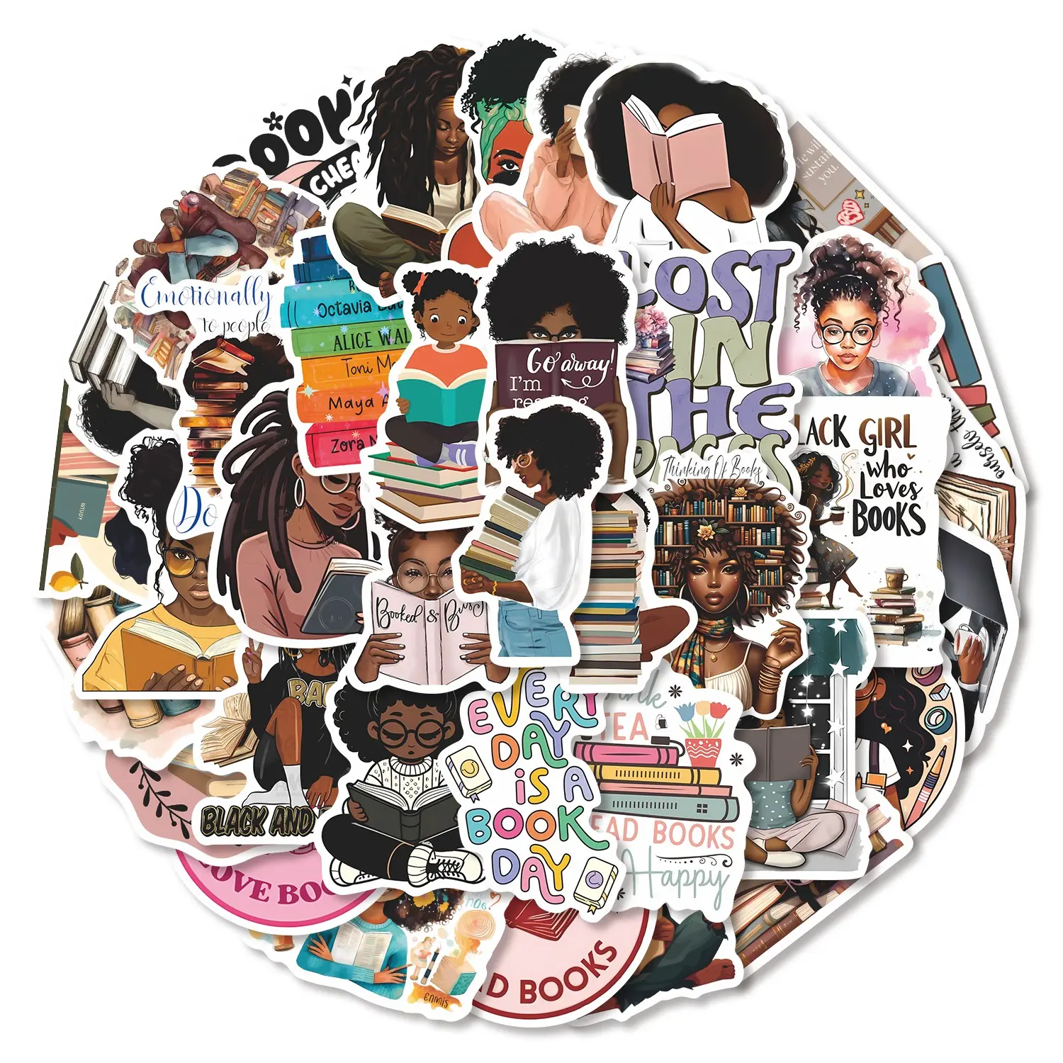 50pcs Black Girl Reading Stickers Pack, Waterproof Durable Sticker African American Bookworm Scrapbooking Decals, Scrapbook Accessories for Laptop, Water Bottle, Journal & Scrapbook, Book Lover Gift, Stickers Kit