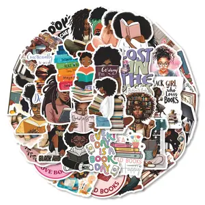 50pcs Black Girl Reading Stickers Pack, Waterproof Durable Sticker African American Bookworm Decals for Laptop, Water Bottle, Journal & Scrapbook, Book Lover Gift, Stickers Kit