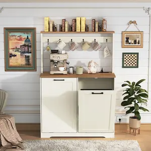 YATINEY Double Tilt Out Trash Can Cabinet with Charging Station, Kitchen Trash Bin Cabinet with Hooks, 20 Gallons Wooden Recycling Cabinet, Hidden Laundry Basket, for Kitchen, Laundry, White #SummerVibes