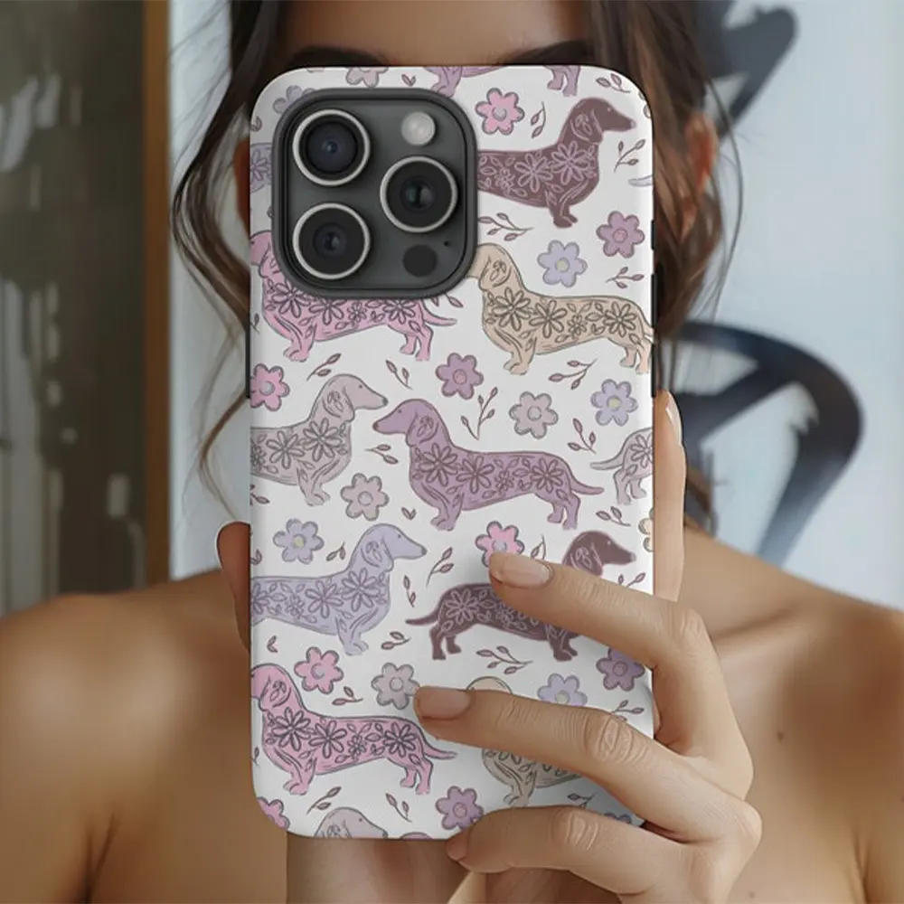Cute floral dachshund pattern, durable and shock-absorbing glossy 2-in-1 phone case, suitable for iPhone 17, 16, 15, 14, 13, 12, 11, X, Samsung, and other series models. Makes a great holiday gift for friends or family.