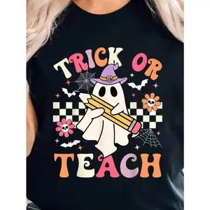 100% Cotton Teacher Halloween Shirt, Halloween Teacher Shirt, Trick Or Teach Shirt, Spooky Teacher T-Shirt, Retro Ghost Teacher Shirt,Fall Teacher Shirt,Halloween gift for the teacher