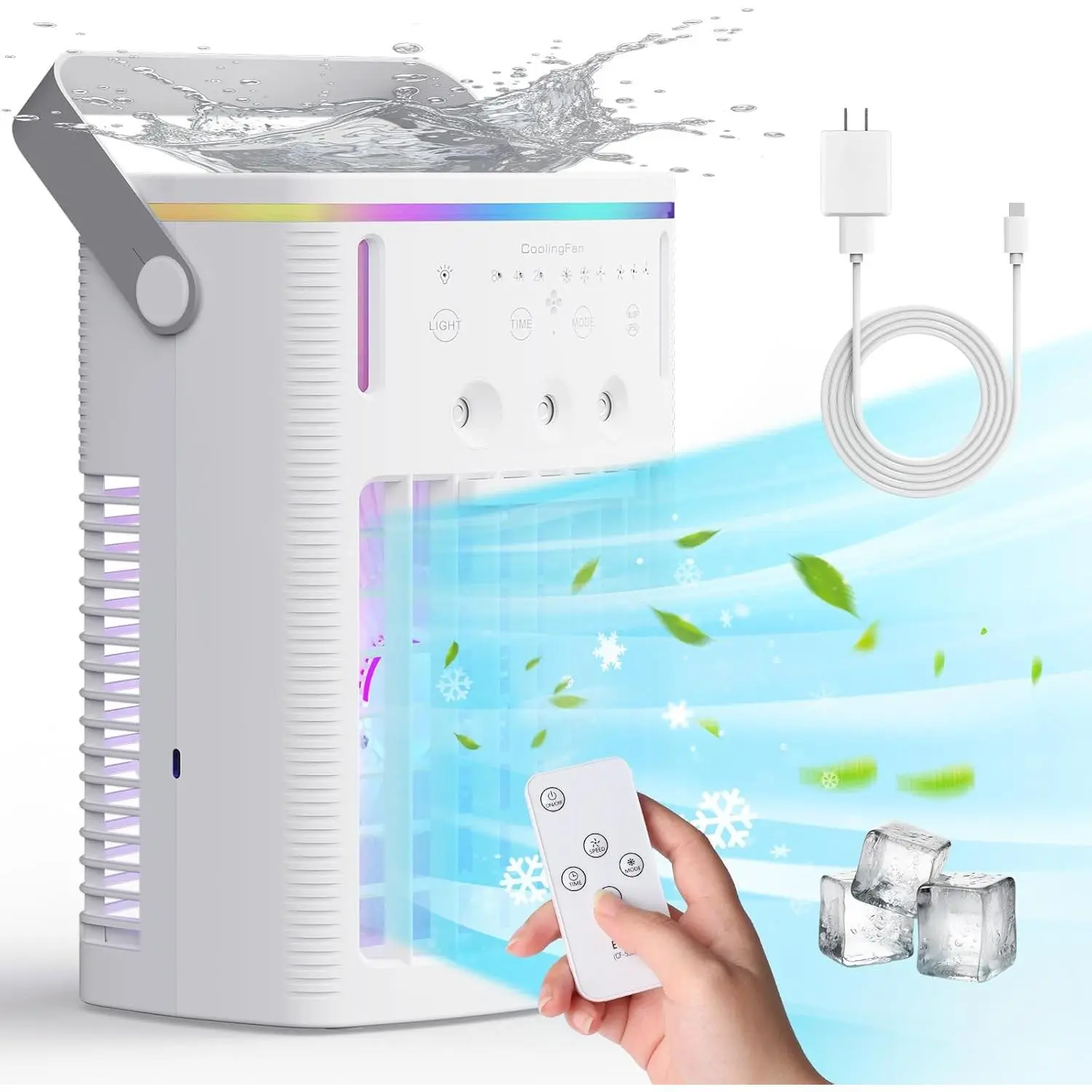 Remote Controlled Portable Air Cooler - Lightweight Compact Desk Unit, 3 Adjustable Speed Settings, 3-Level Mist Modes, Cooling Mode, Timer, 7-Color Changing Night Light, Sleep Aid, Silent, Space-Saving (7.32x5.4x10.1in) for Bedroom, Camping, 7.32 X 5.4 X