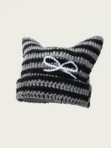 Autumn Winter Small Devil Striped Hand-Knitted Hat, Cute Cat Ear Knit Bow Woolen Cap, Adorable Animal Design Accessory
