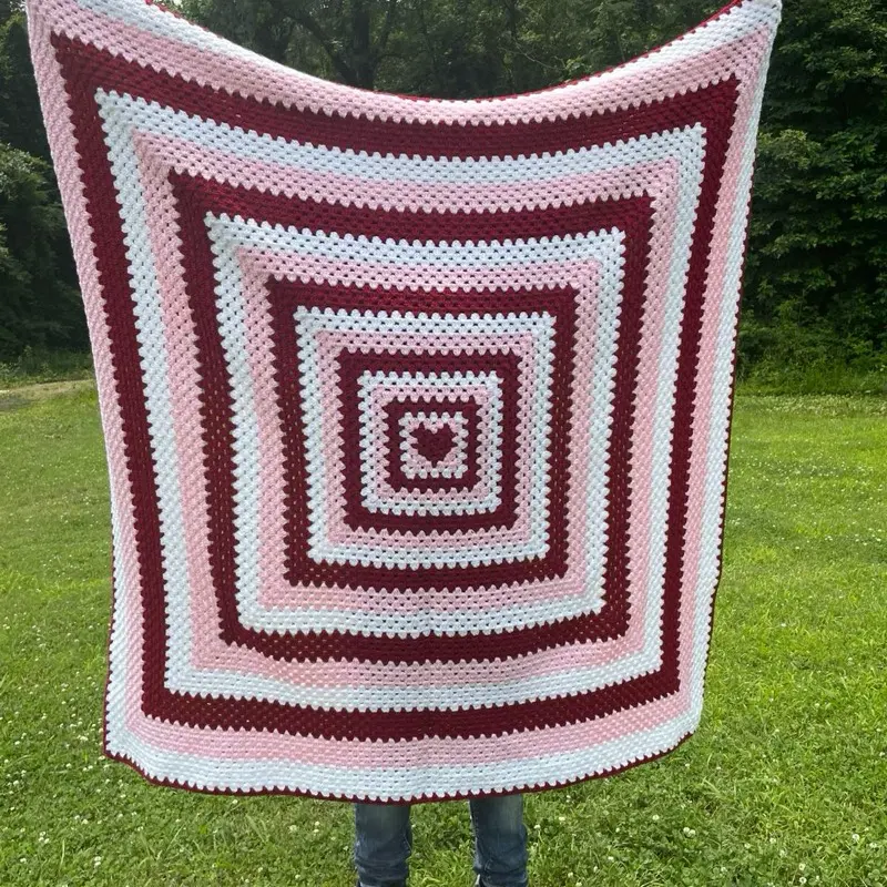 Granny Square Valentines Day themed blanket