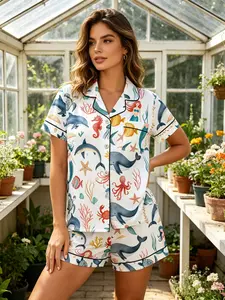 Women's Spring Summer Sleepwear Pajama Set, Open Front Lapel Short Sleeve Shorts Two-Piece Home Wear Loungewear, Watercolor Mermaid & Underwater Life Print