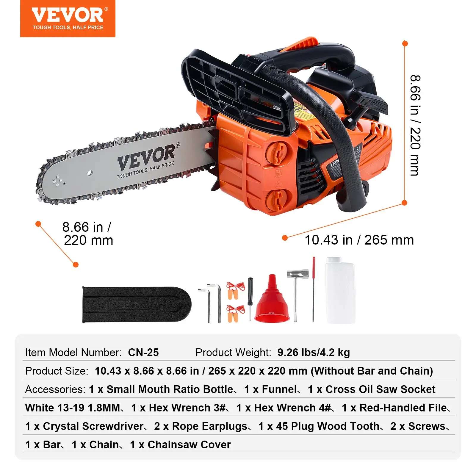 Vevor Gas Chainsaw, 58CC 20" 3.22HP, Gasoline Powered Chain Saw, Handheld Cordless Petrol Chainsaws for Tree Wood Branch Cutting, Tree Trimming, Land