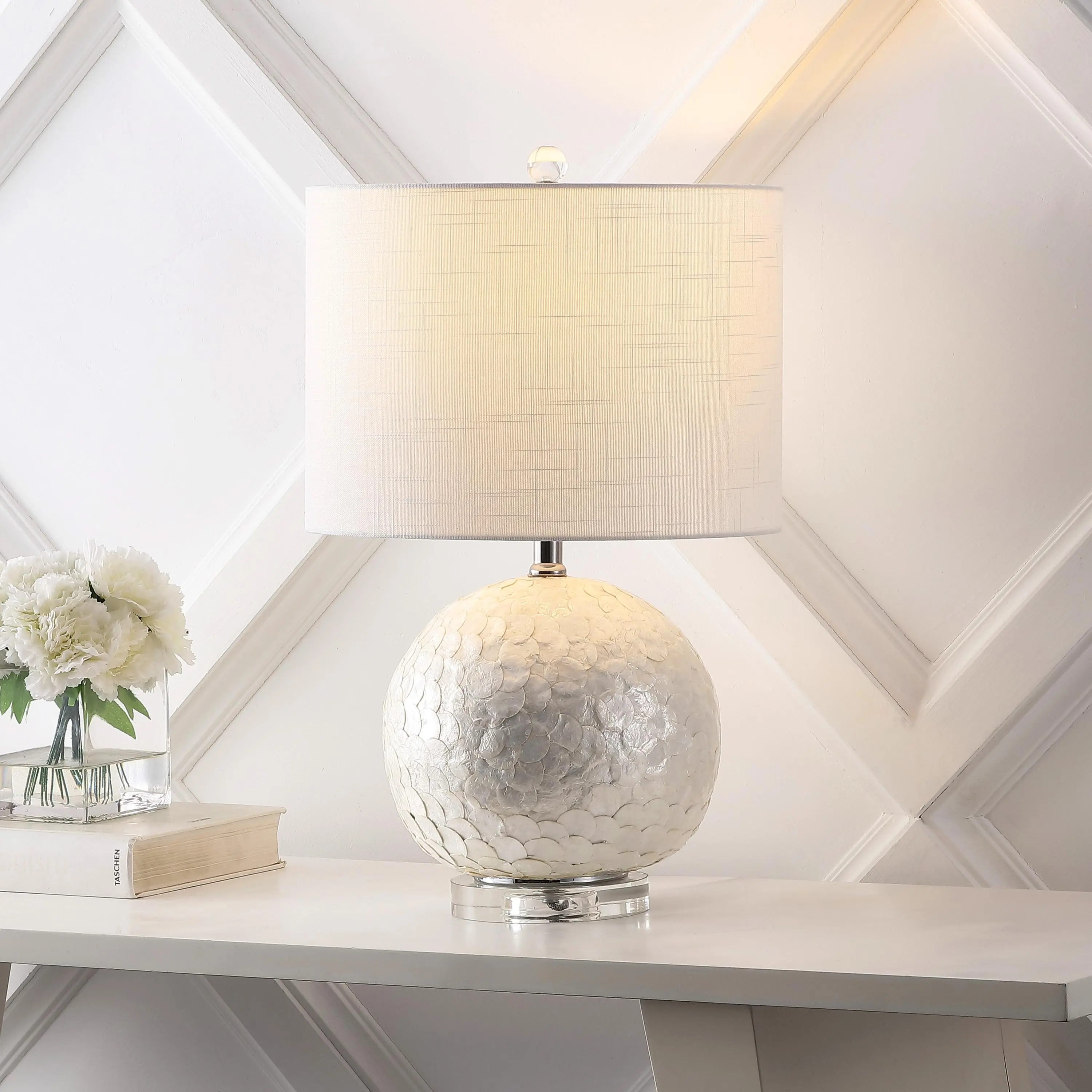 JONATHAN Y Zuri Nautical Capiz Shell Sphere Table Lamp (23.5 in, Pearl White) - Contemporary Transitional Mood Lighting, Linen Fabric Drum Shade, Crystal Base, Chrome Accents, Rotary Switch, Included LED Bulb, Eco-Friendly, 60" Cord, Seaside Shine