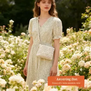 TK BohoLace Handmade Crochet Shoulder Bag Soft Beige & Cream Colors Summer Beach Crossbody 22x16x2cm Lightweight Woven Design with Velcro for Everyday Use