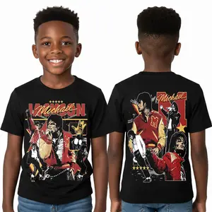 Michael Jackson Kids Graphic Tee - Family Matching Pop Star T-Shirt for Toddlers Girls Boys - Retro Thriller Red Varsity Jacket Design - Premium Cotton Youth Concert Merch - Gift for Fans