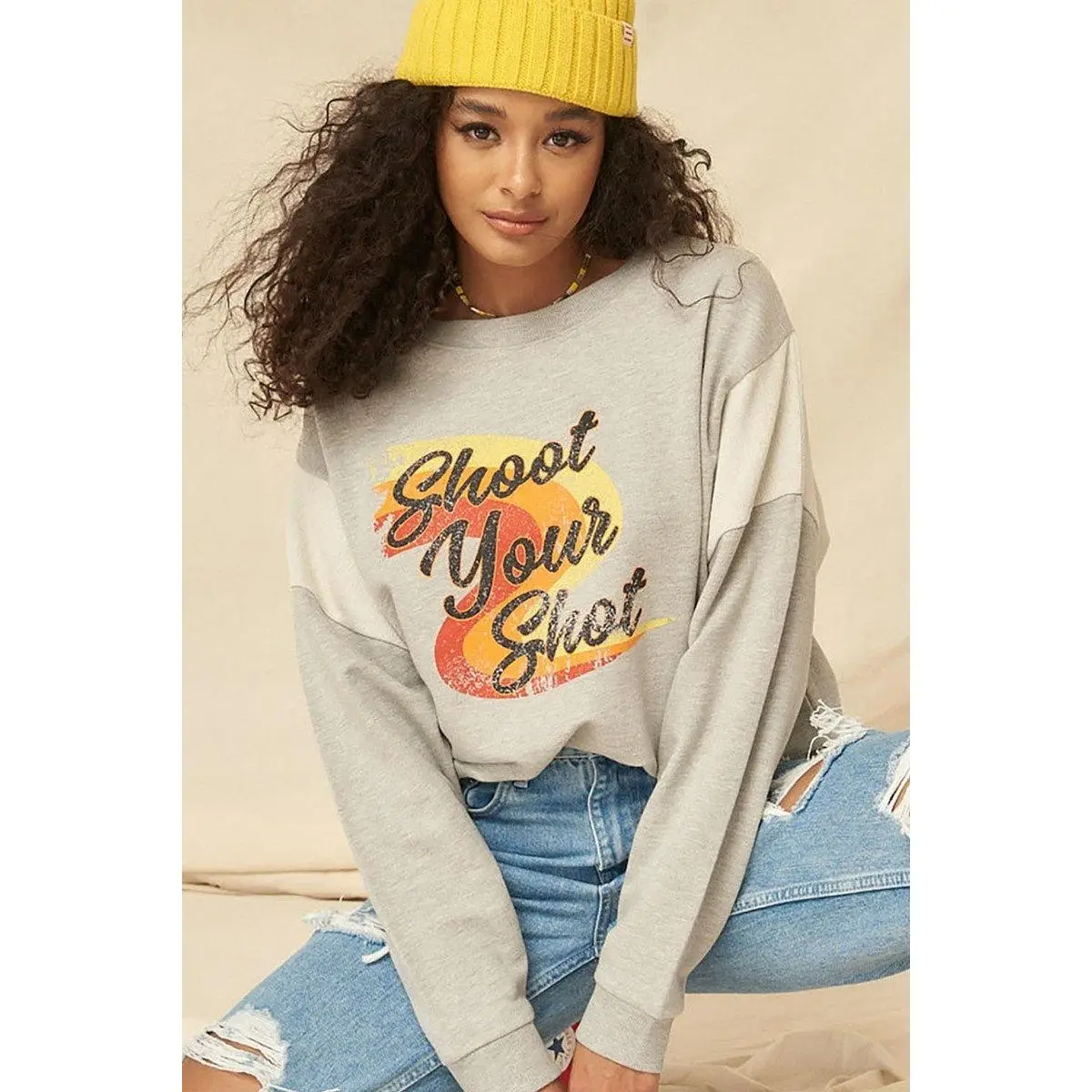 Women's Vintage Long-Sleeve French Terry Knit Graphic Sweatshirt with Spandex, Stylish Sleeves