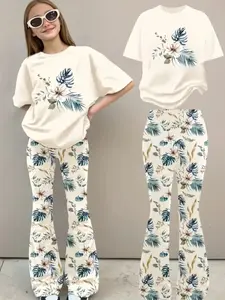 Teen Girl Casual Printed Short Sleeve Round Neck Tee & Bell Bottoms Set, Clothes, Perfect for Vacation, Outdoor Wear, All Seasons
