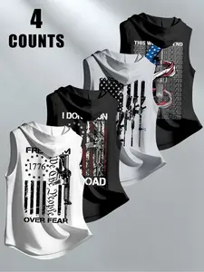 Men's Fitness Tank Top Set, American Flag Gun Pattern Design, Breathable Sleeveless Hoodie, Summer Sports Essential, Casual Fitted Style