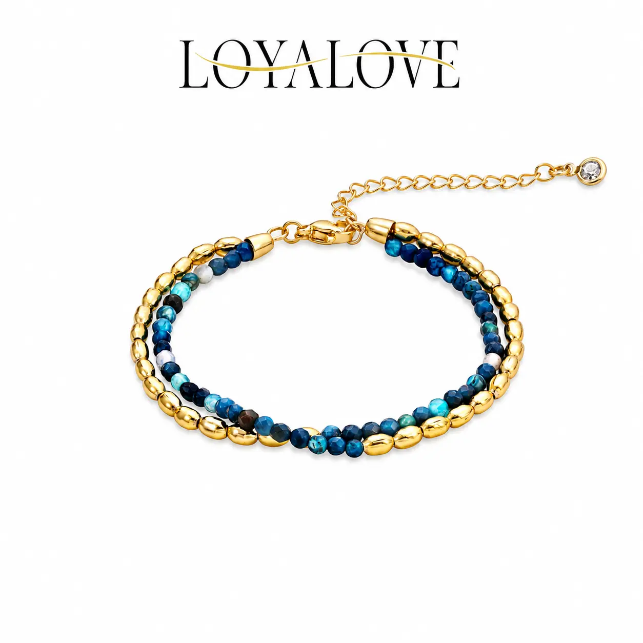 LOYALOVE 14K Gold Plated Blue Beaded Bracelet for Women, Dainty Double Layer Stackable Bracelet, Adjustable Boho Jewelry for Summer Beach Outfits