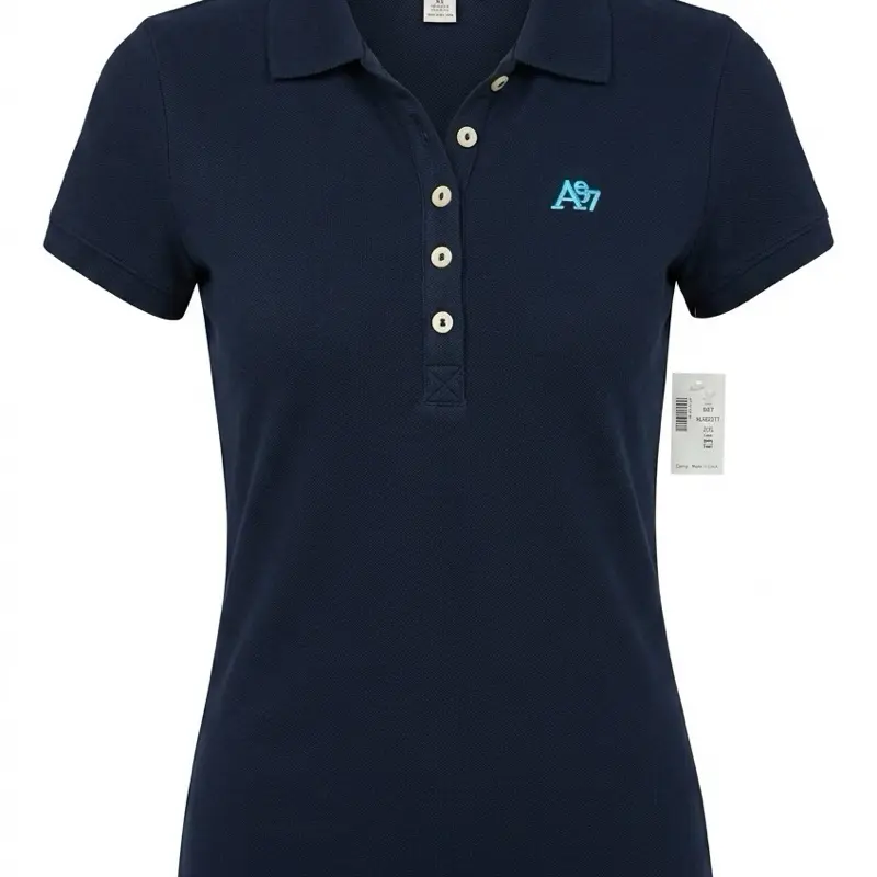 This Aeropostale Women's A87 polo shirt features a slim-fit design with a bright blue embroidered logo on the chest. Black