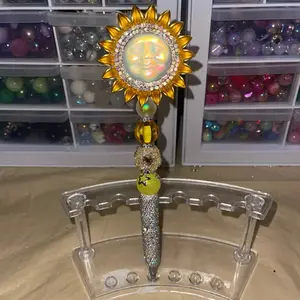 Sunflower Moon Rhinestone Pen Refillable Handmade with Sparkling Beads and Unique Design