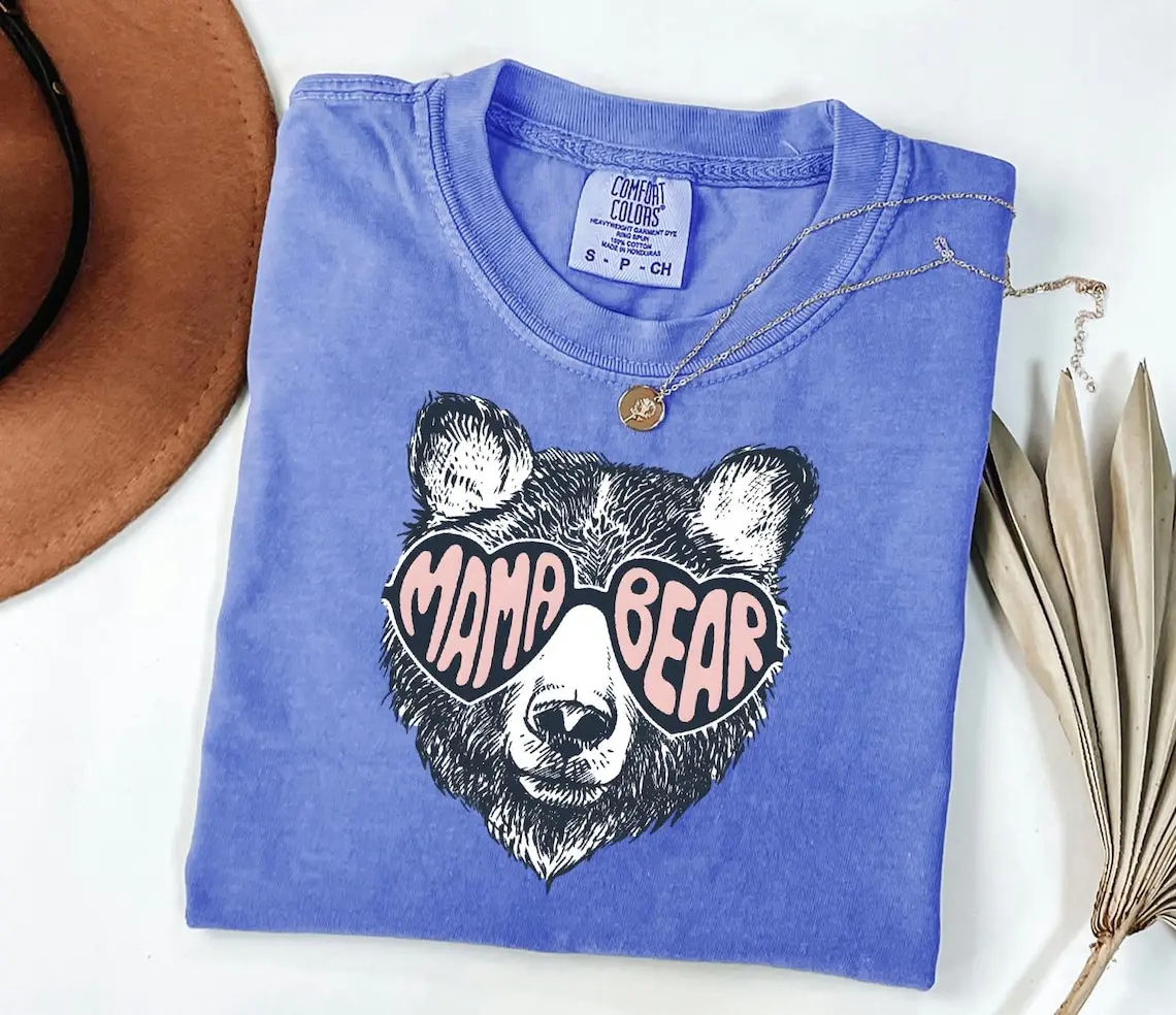 Mama Bear Shirt, Heart Sunglasses Graphic Tee, New Mommy Baby Shower Gift, Cool Mother Day Present, Sketch Art Top