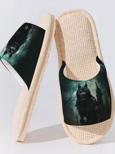 Moonlight Wolf Linen Slippers, Gothic Style, Breathable Non-Slip Sole, Casual Home Wear, All Seasons, Asymmetrical Design