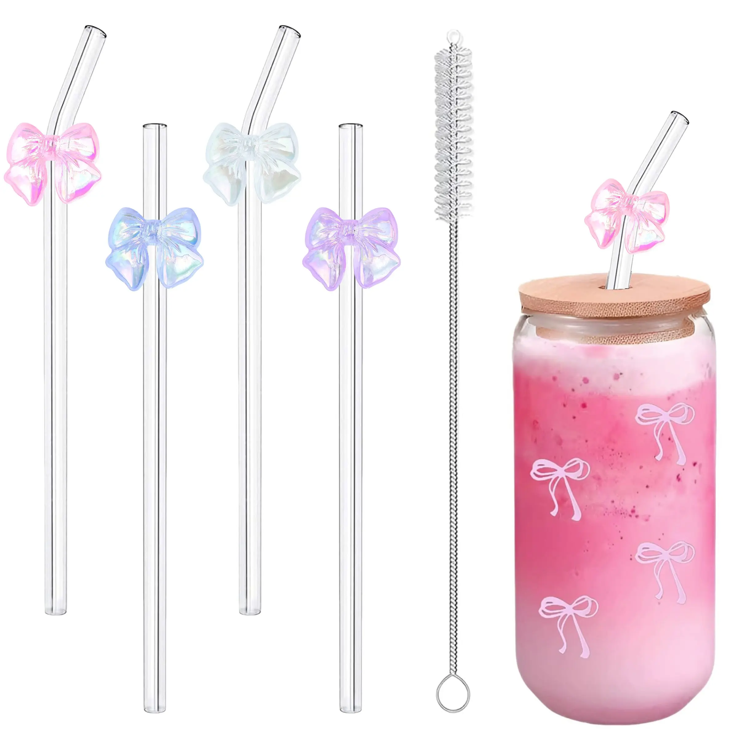 4 Pcs Reusable Glass Straws with 1 Cleaning Brush, Cute Colorful Bow Glass Straw Shatter Resistant, Reusable Straws Dishwasher Safe Drinking Straw for Smoothies, Milkshakes, Juices, Teas, Home Bar Accessories Straw Combo