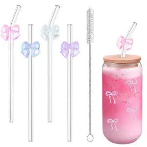 4 Pcs Reusable Glass Straws with 1 Cleaning Brush, Cute Colorful Bow Glass Straw Shatter Resistant, Reusable Straws Dishwasher Safe for Smoothies, Milkshakes, Juices, Teas, Home Bar Accessories