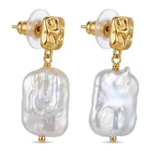 Large Baroque Pearl Drop Earrings for Women | 18K Gold Hammered Sculptural Stud Dangle Earrings | Quiet Luxury Statement Jewelry | Freshwater Pearl Gift