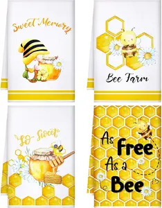 4 count Summer Bee Kitchen Towels Honeybee  Hand Dish Towels Absorbent  Bath Washcloths for Bathroom Decorations Kitchen Accessories Gifts,15.75 x 23.62 Inch(Simple Color,Bee)