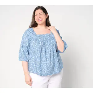 Denim & Co. Printed Square Neck Blouse with Pleating Detail