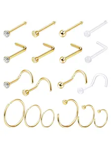 18pcs Stainless Steel Nose Ring, Nose Rings for Women & Men, Nose Cuff Rings, Transparent Nose Rings for Daily Wear, Trendy All-match & Exquisite Jewelry, Nose Piercing Jewelry for Birthday Gift