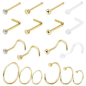18pcs Stainless Steel Nose Ring, Nose Rings for Women & Men, Nose Cuff Rings, Transparent Nose Rings for Daily Wear, Trendy All-match & Exquisite Jewelry, Nose Piercing Jewelry for Birthday Gift