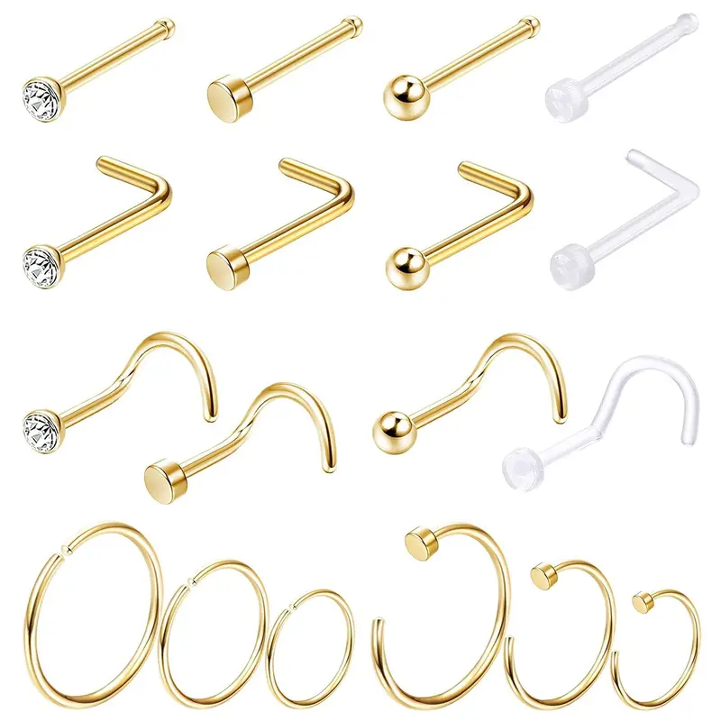 18pcs Stainless Steel Nose Ring, Nose Rings for Women & Men, Nose Cuff Rings, Transparent Nose Rings for Daily Wear, Trendy All-match & Exquisite Jewelry, Body Jewelry, Body Piercings, Nose Piercing Jewelry for Birthday Gift