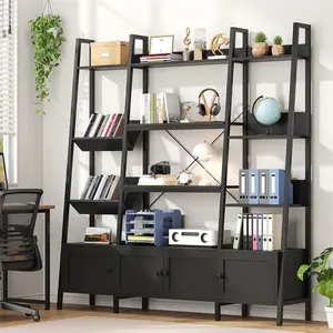 Ladder Bookshelves with 4 Doors, Triple Wide 4-Tier Large Open Bookshelf with Storage, Adjustable Shelves, Storage Cabinet, Home Office, Black