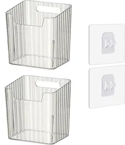 Set of 2 Storage Organizer Bins Wall Mounted Floating Shelves Fridge Organizer Stackable Clear Plastic Storage Bins for Wall, Refrigerator, Kitchen, Bathroom, Countertops, Pantry, BPA Free (Clear)