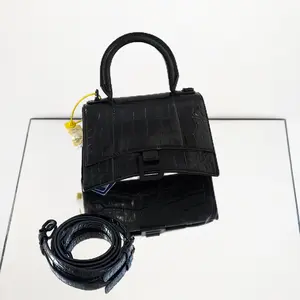 Pre-owned leather Crossbody Balenciaga Hourglass XS Top Handle Bag – Black Shiny Crocodile Embossed Calfskin