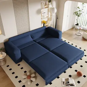 93" King Size Sleeper Sofa Bed, Pull Out Sofa Bed, 3 in 1 Convertible Sleeper Sofa, Chaise Lounge,3 Seat Teddy Couch with 2 Lumbar Pillows for Living Room, Apartment, Office, Studies,Blue    RR