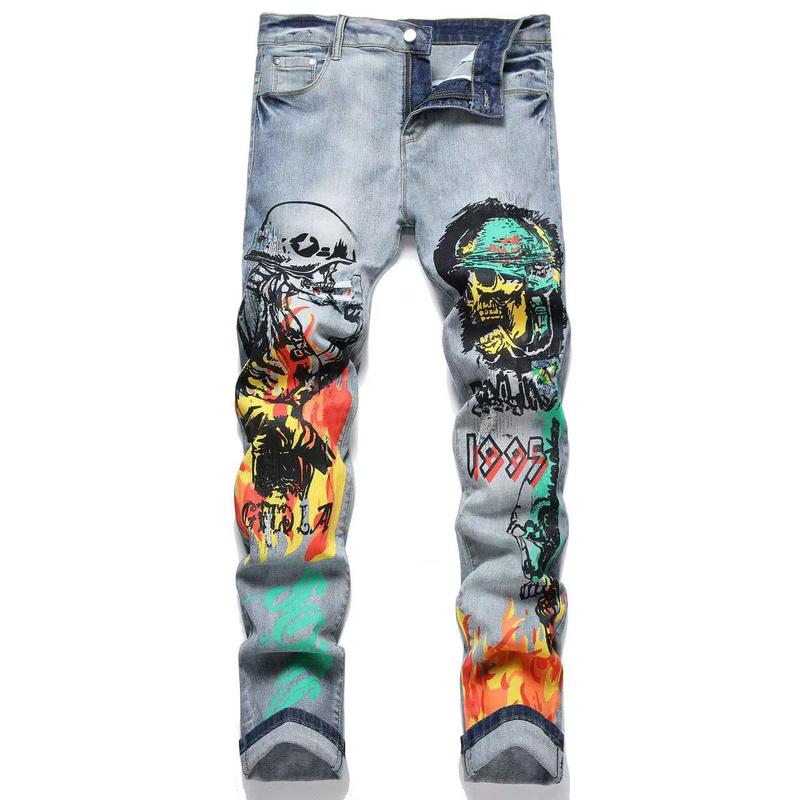 Men's Graffiti Print Denim Jeans, Regular Fit Fashion Casual Comfy Straight Leg Jeans for Daily Wear, Men's Bottoms for All Seasons, Graphic Pants
